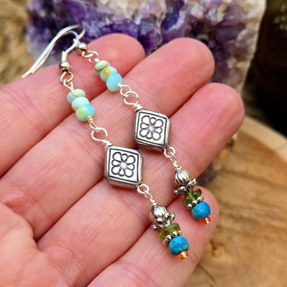 Opal, Turquoise Silver Flower Boho Dangle Earrings Linear Fun Summer - Picture 6 of 6